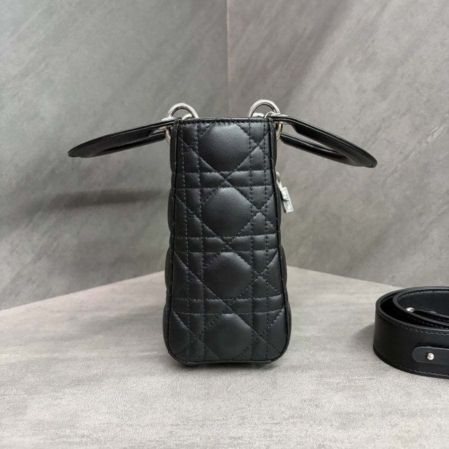 Dior Lady Dior 戴妃 四格 黑銀羊皮 手提包肩背包-3