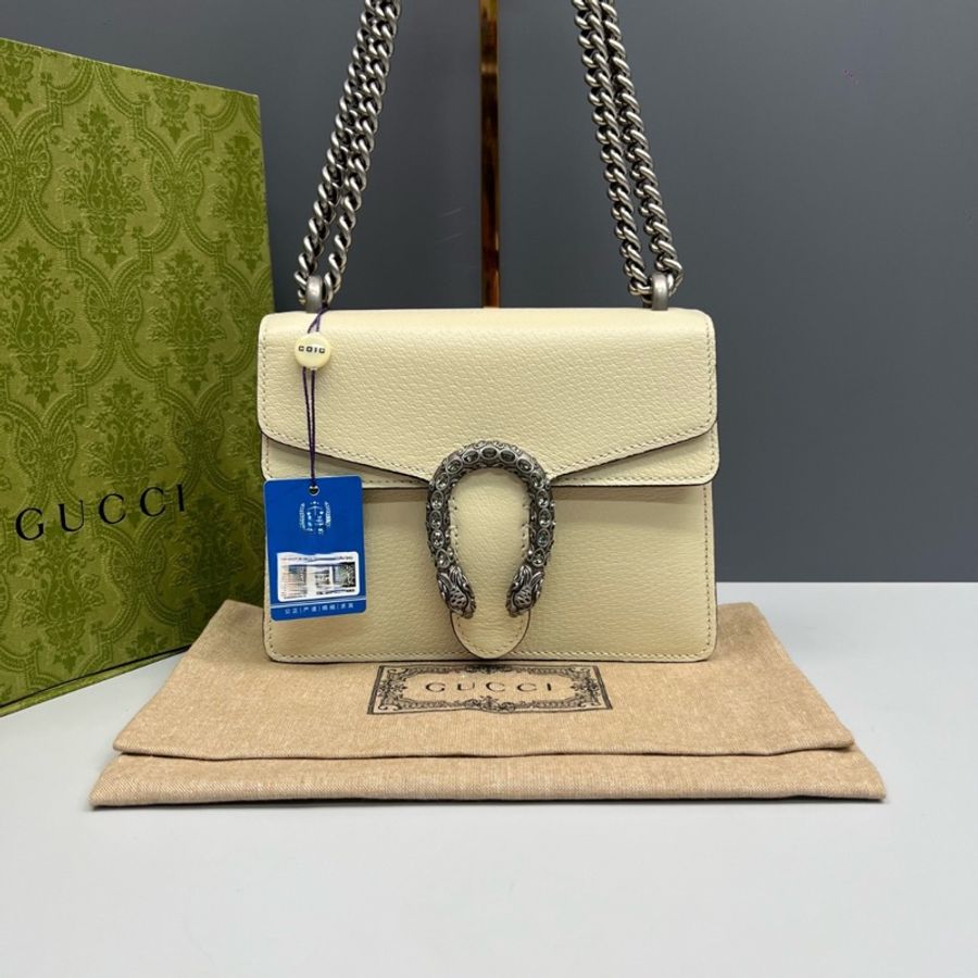 Gucci古馳 奶白色全皮鑽扣小號酒神鏈條包 成色98新-0