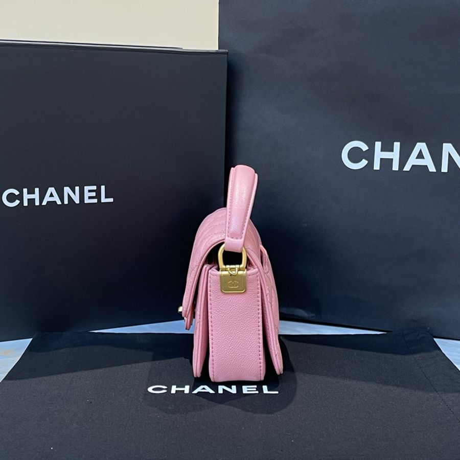 CHANEL/香奈兒 24k CFmini 方胖子口蓋包 櫻花粉 金扣荔枝皮 手拎斜挎單肩包-6