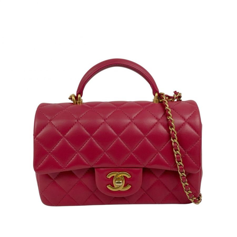 △ CHANEL 香奈兒 Hot Pink Lambskin Gold Tone Metal Top Handle Mini Classic Single Flap Chain 2 way bag 桃紅色小羊皮金色金屬鎖鏈兩用袋 AS2431-267014202-1