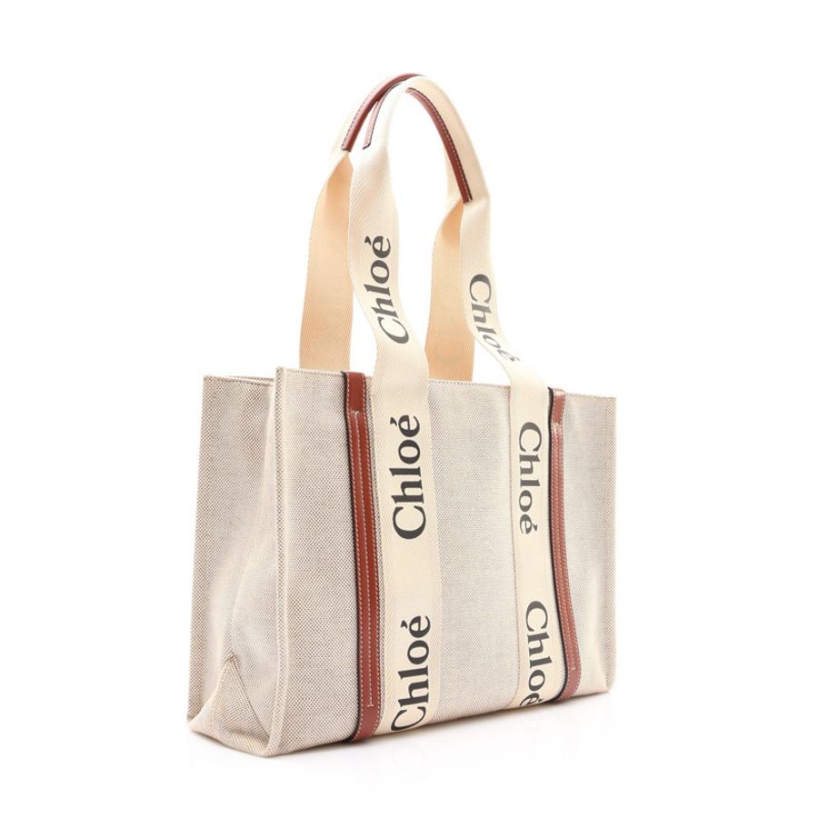 米白/棕色 帆布 Woody Medium 托特包 肩背包【Chloe 克羅伊】 CHC21US383E6690U-1