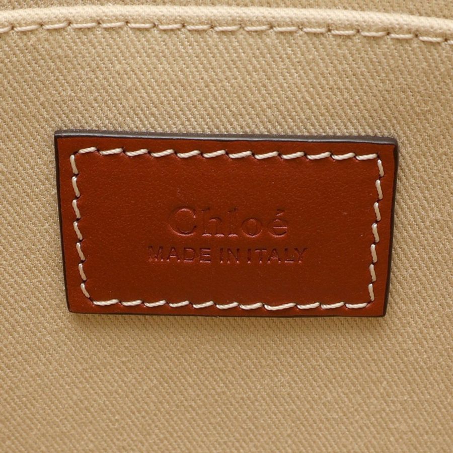 米白/棕色 帆布 Woody Medium 托特包 肩背包【Chloe 克羅伊】 CHC21US383E6690U-3