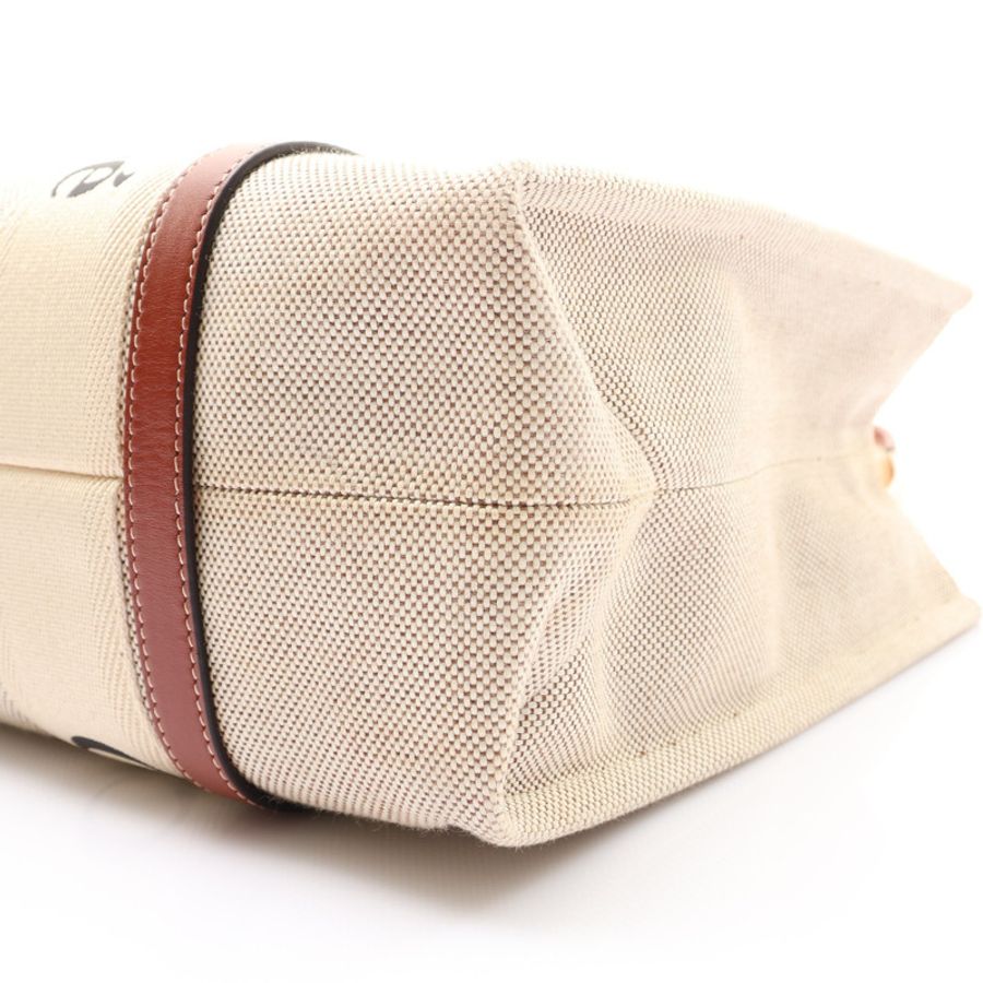 米白/棕色 帆布 Woody Medium 托特包 肩背包【Chloe 克羅伊】 CHC21US383E6690U-7