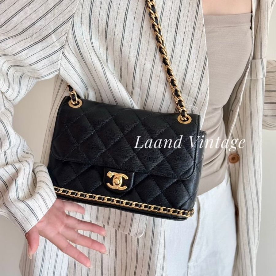 CHANEL 23K皮穿鍊滾邊單肩包 - 黑金-1