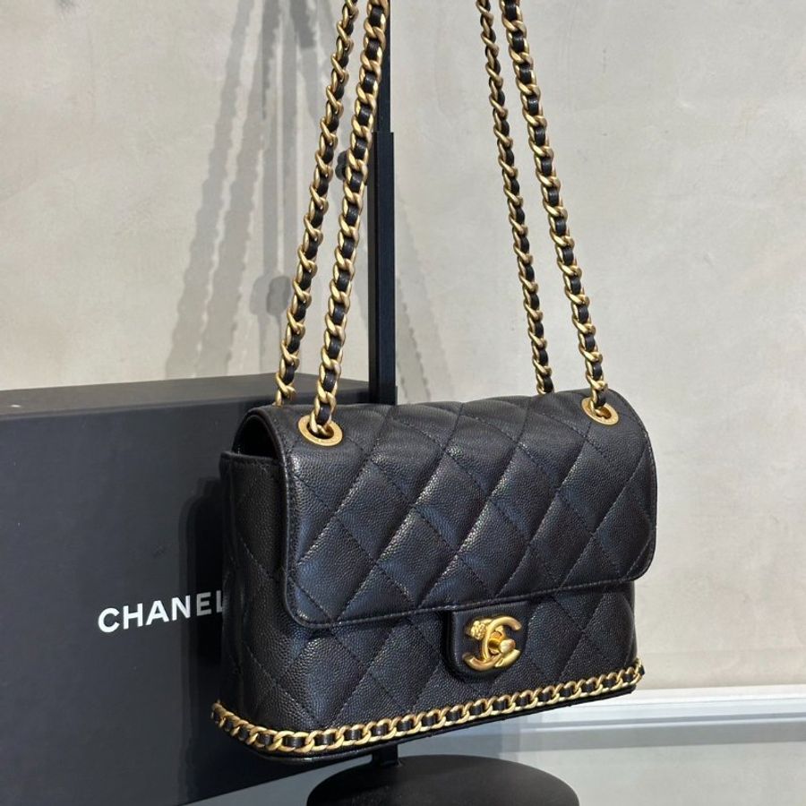 CHANEL 23K皮穿鍊滾邊單肩包 - 黑金-2