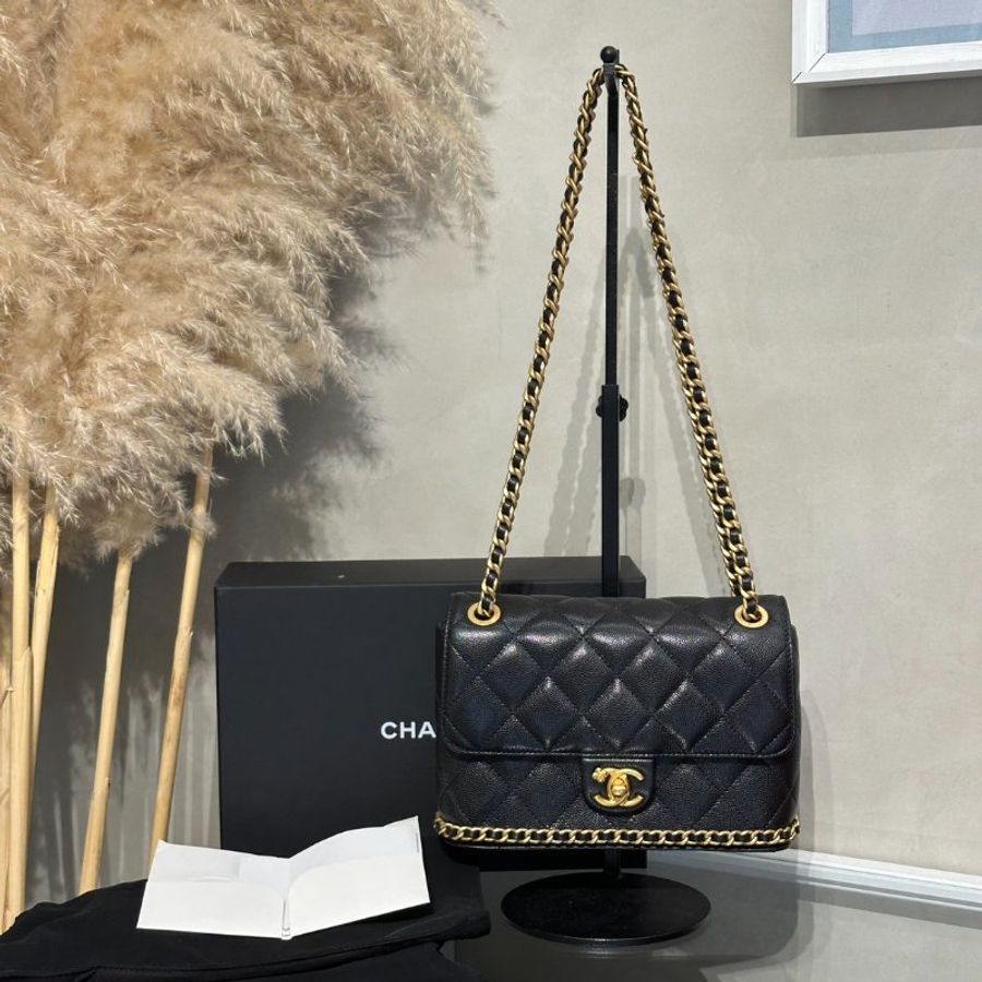 CHANEL 23K皮穿鍊滾邊單肩包 - 黑金-9