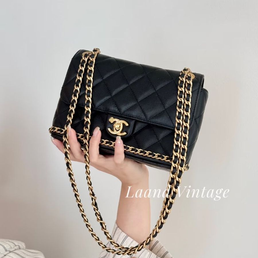 CHANEL 23K皮穿鍊滾邊單肩包 - 黑金-11