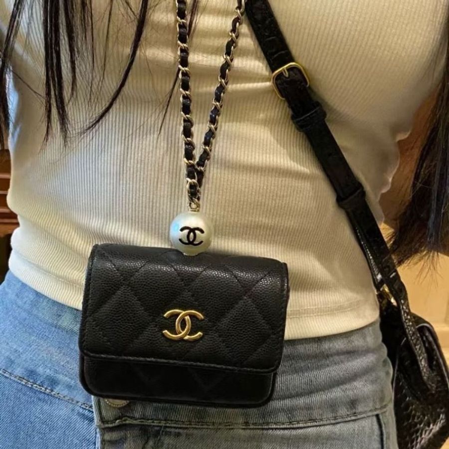 Chanel 黑金珍珠鏈條包 荔枝皮 10*8*2 9新 配件塵袋-0