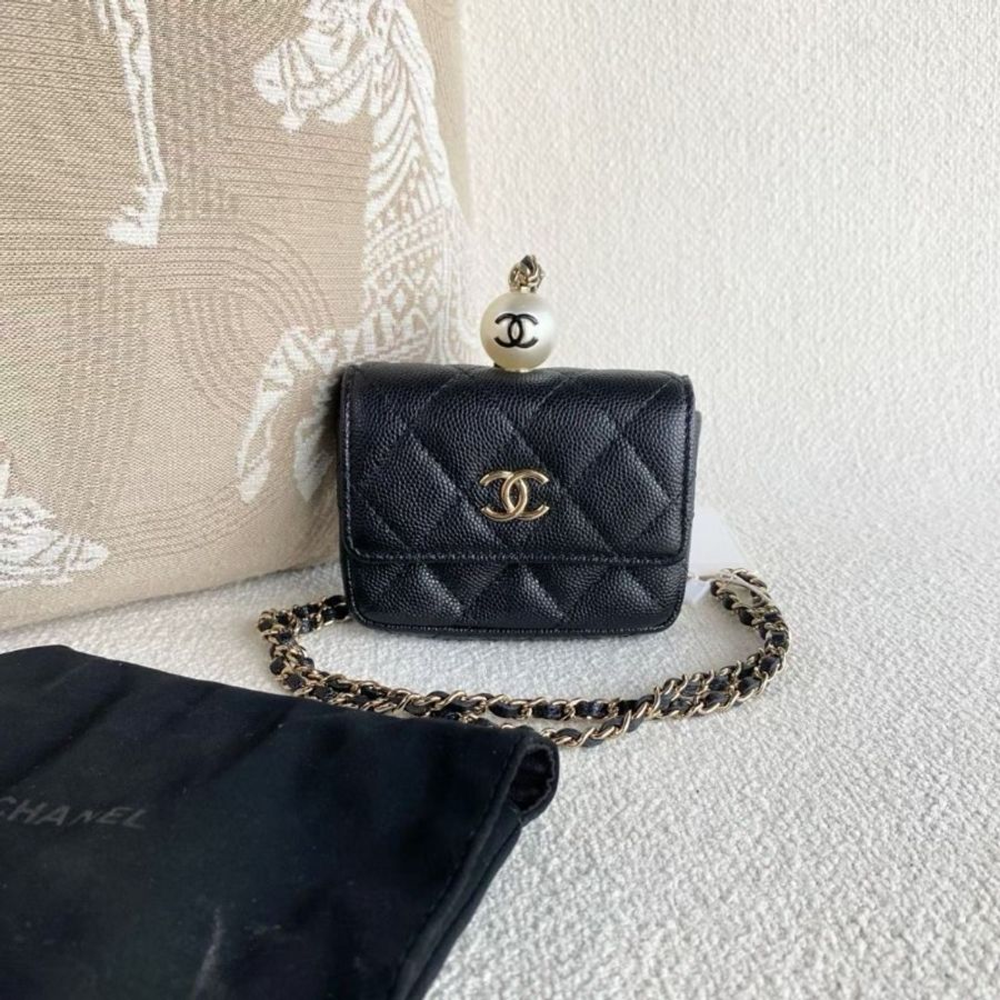 Chanel 黑金珍珠鏈條包 荔枝皮 10*8*2 9新 配件塵袋-1