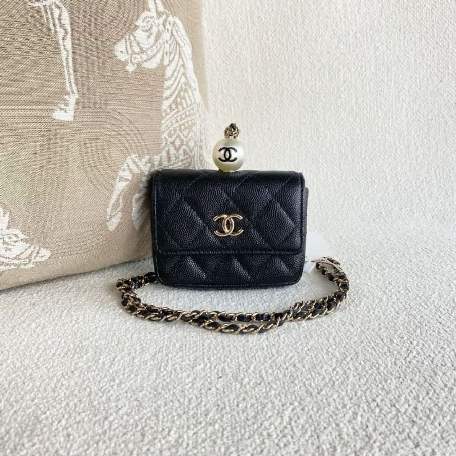 Chanel 黑金珍珠鏈條包 荔枝皮 10*8*2 9新 配件塵袋-2