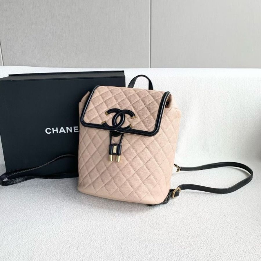 Chanel Vanity後背包 粉色拼黑色 金扣 荔枝皮 21*26*12 95新 配件塵袋 保卡-7
