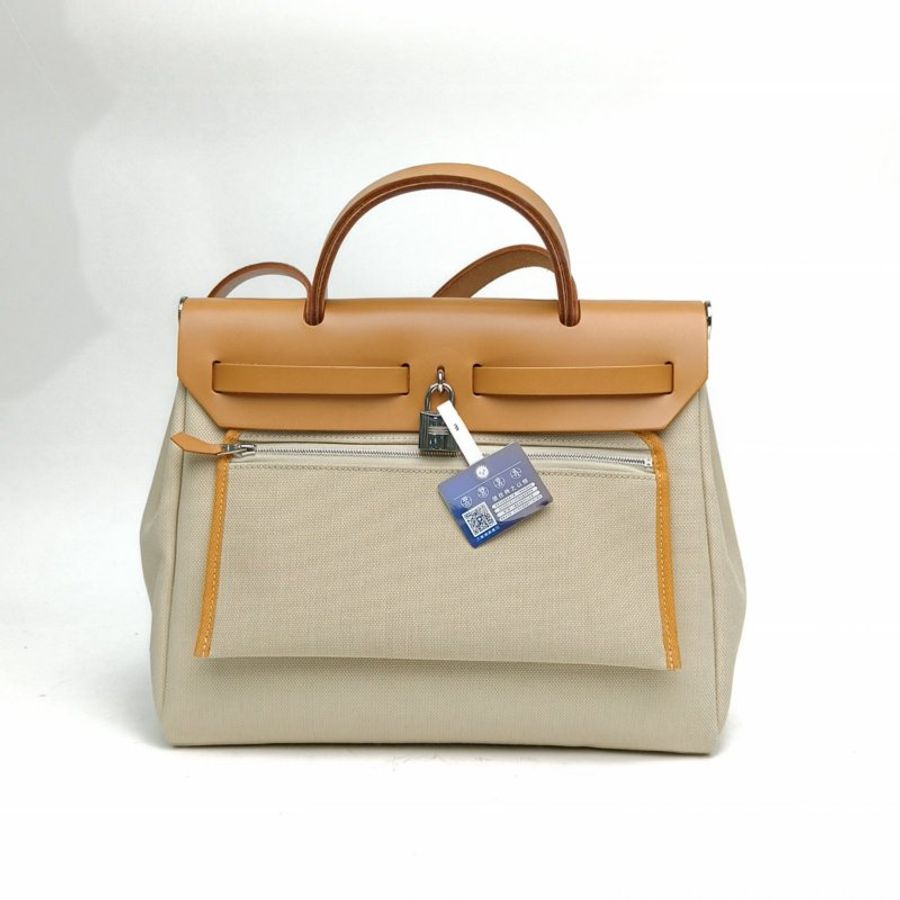 HERMES Herbag31米色拼自然色帆布牛皮U刻銀扣肩背包-2