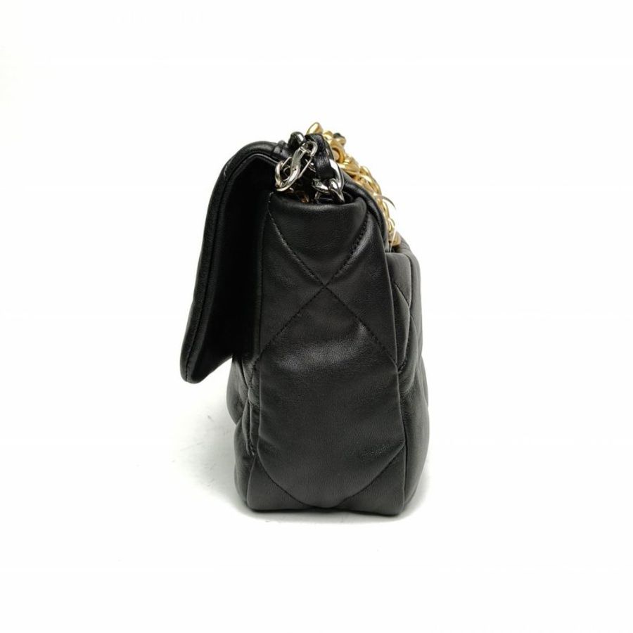 CHANEL 19BAG口蓋包小號黑色羊皮31開金銀扣肩背包-1