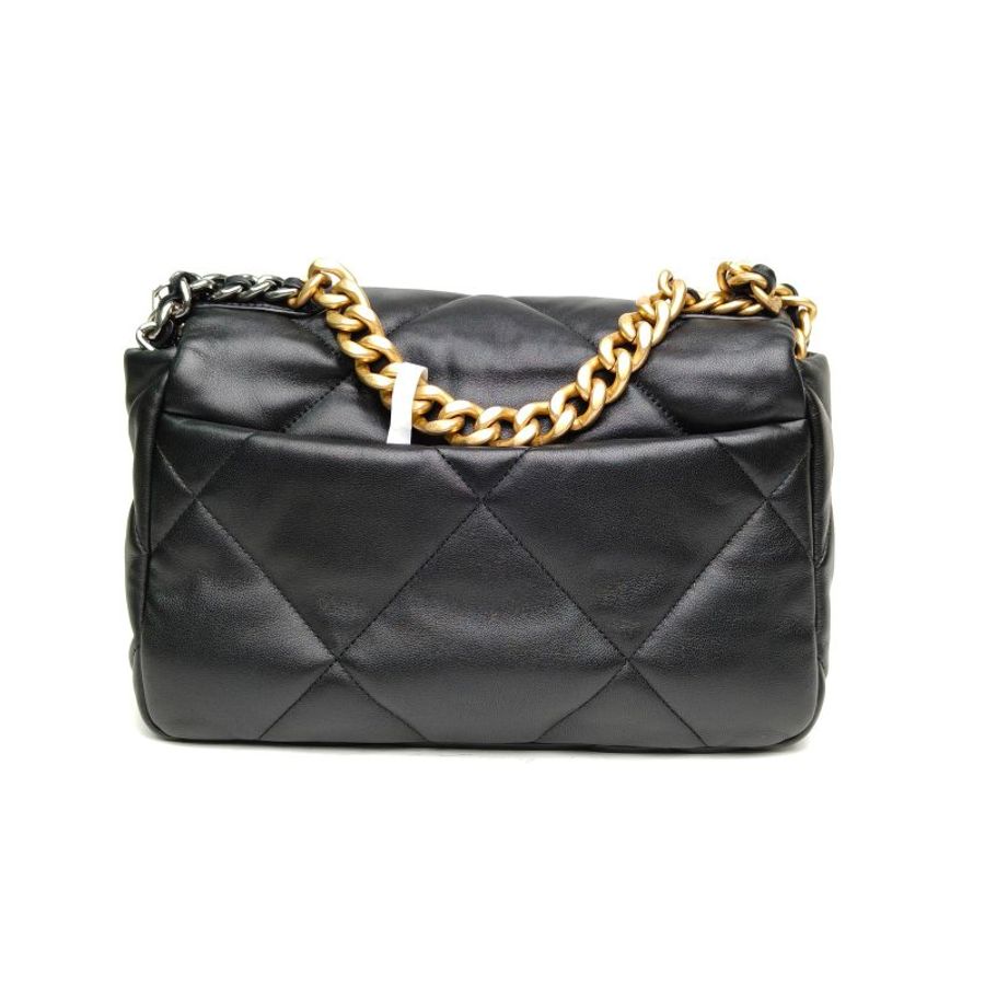 CHANEL 19BAG口蓋包小號黑色羊皮31開金銀扣肩背包-2