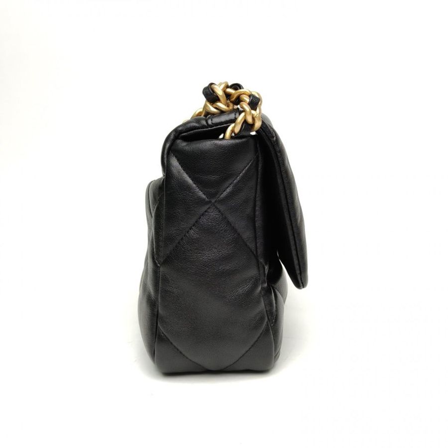CHANEL 19BAG口蓋包小號黑色羊皮31開金銀扣肩背包-3