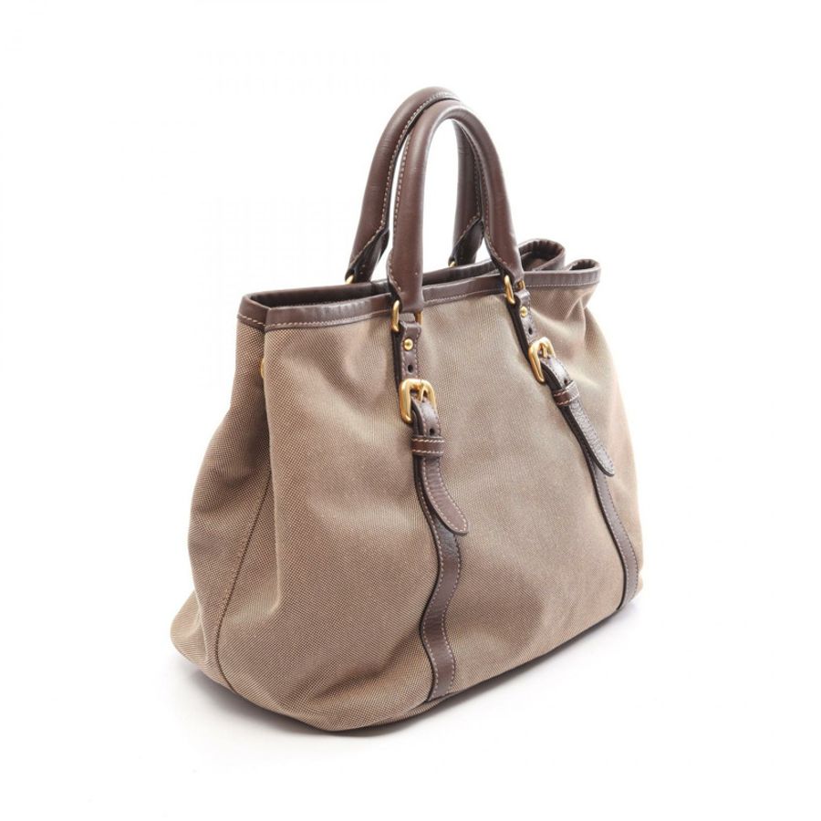 PRADA Logo提花緞帶肩包帆布皮革米色棕色二手-1
