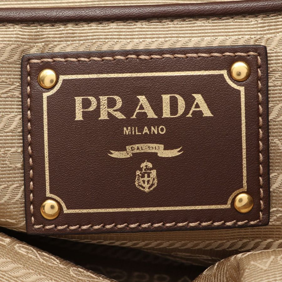 PRADA Logo提花緞帶肩包帆布皮革米色棕色二手-3