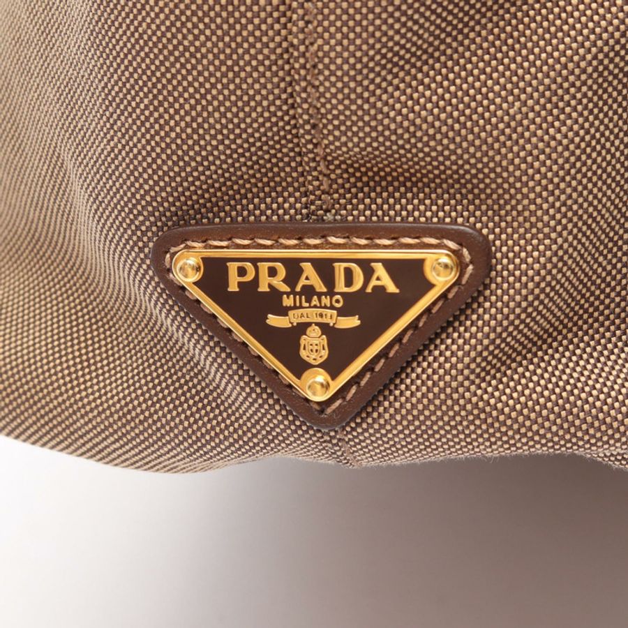 PRADA Logo提花緞帶肩包帆布皮革米色棕色二手-8