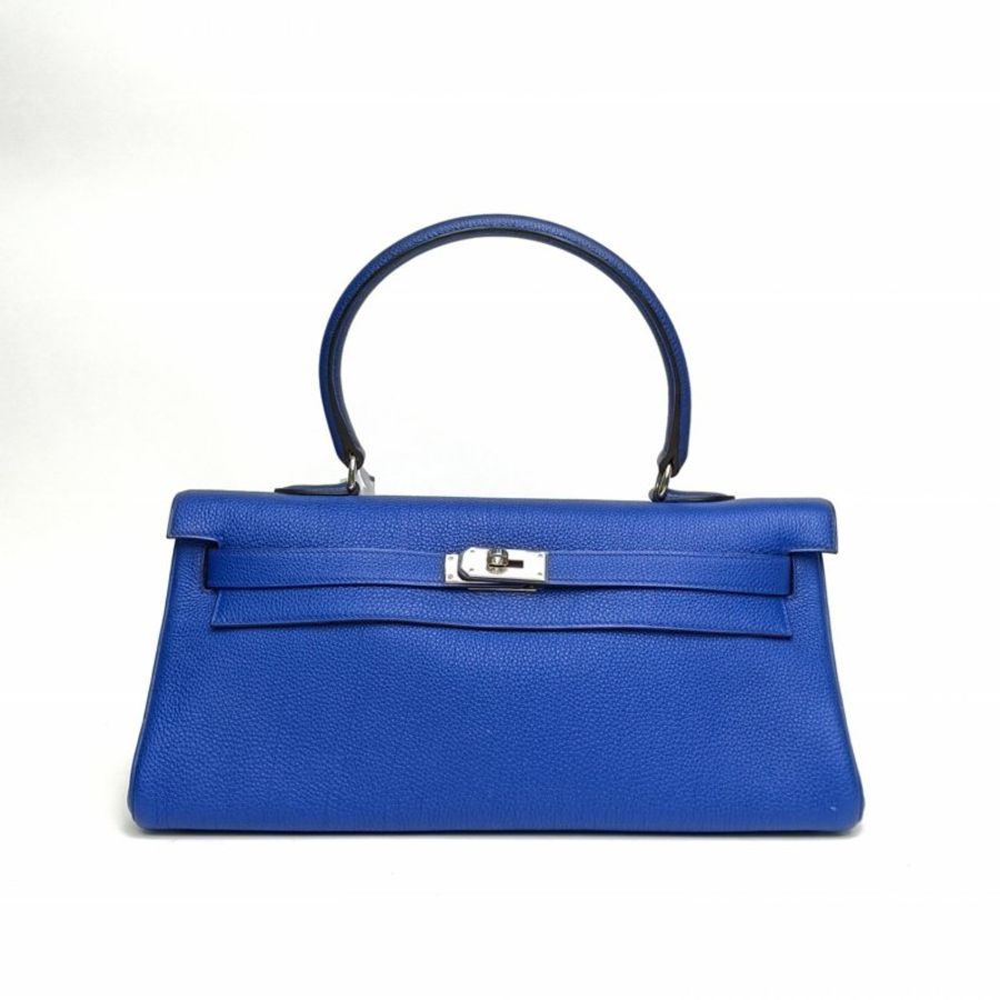 HERMES shoulderkelly7T電光藍TC皮框O銀扣肩背包-0