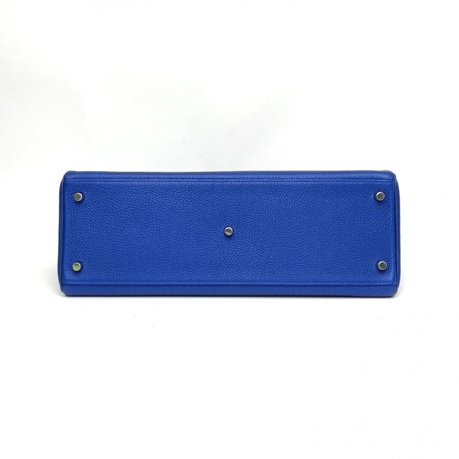 HERMES shoulderkelly7T電光藍TC皮框O銀扣肩背包-4