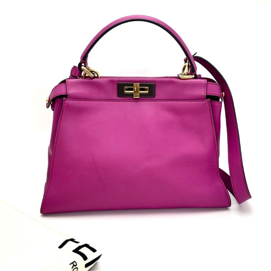 FENDI 玫紅色金扣peekaboo手提斜背包34*23.5*12 9新 配件塵袋-7