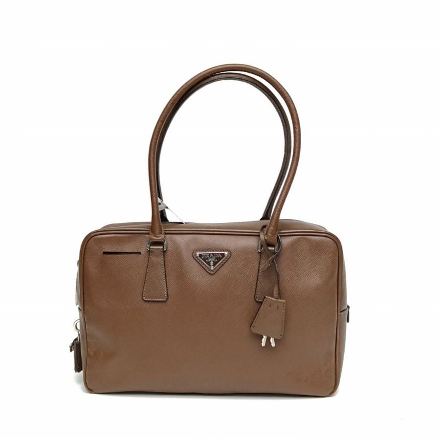 PRADA 棕色牛皮銀扣plume手提包肩背包-0