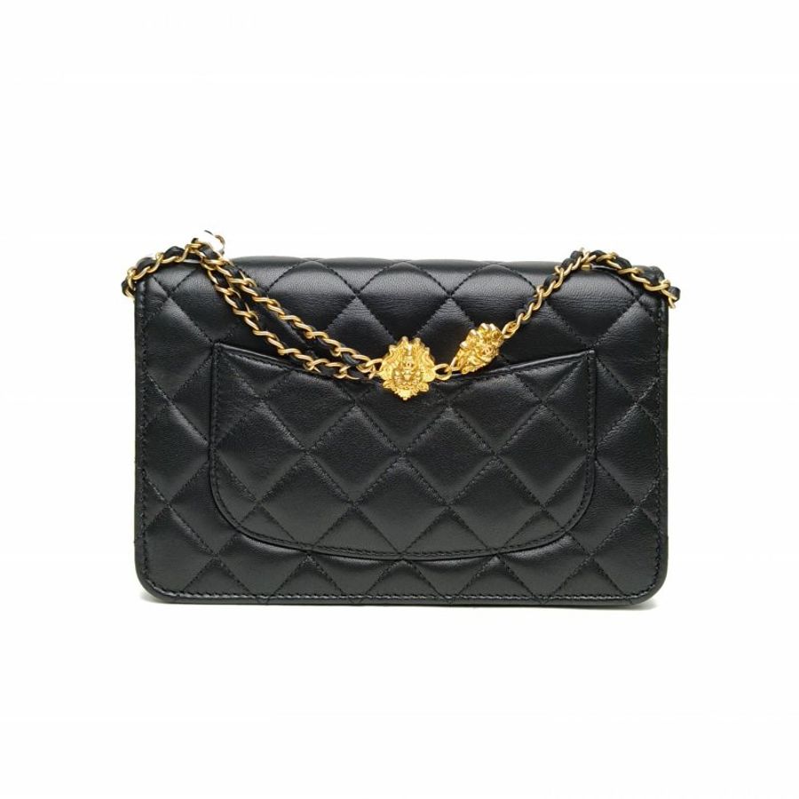 CHANEL 黑色羊皮晶片金扣23A黑金獅子頭WOC鏈條包肩背包-2