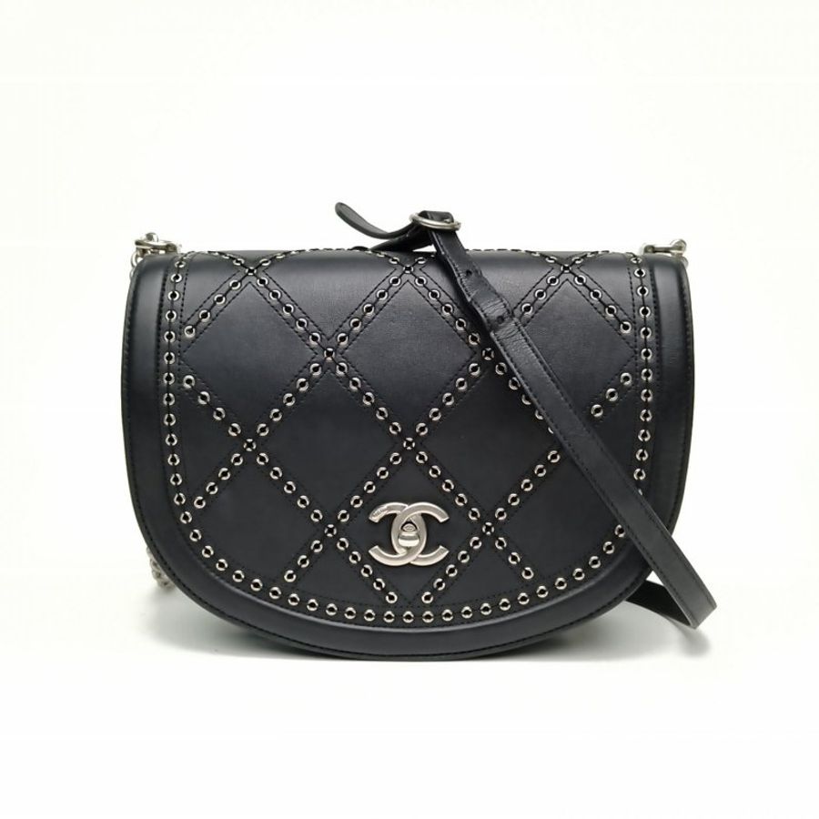 CHANEL 黑色牛皮25開銀扣馬鞍包肩背包-0