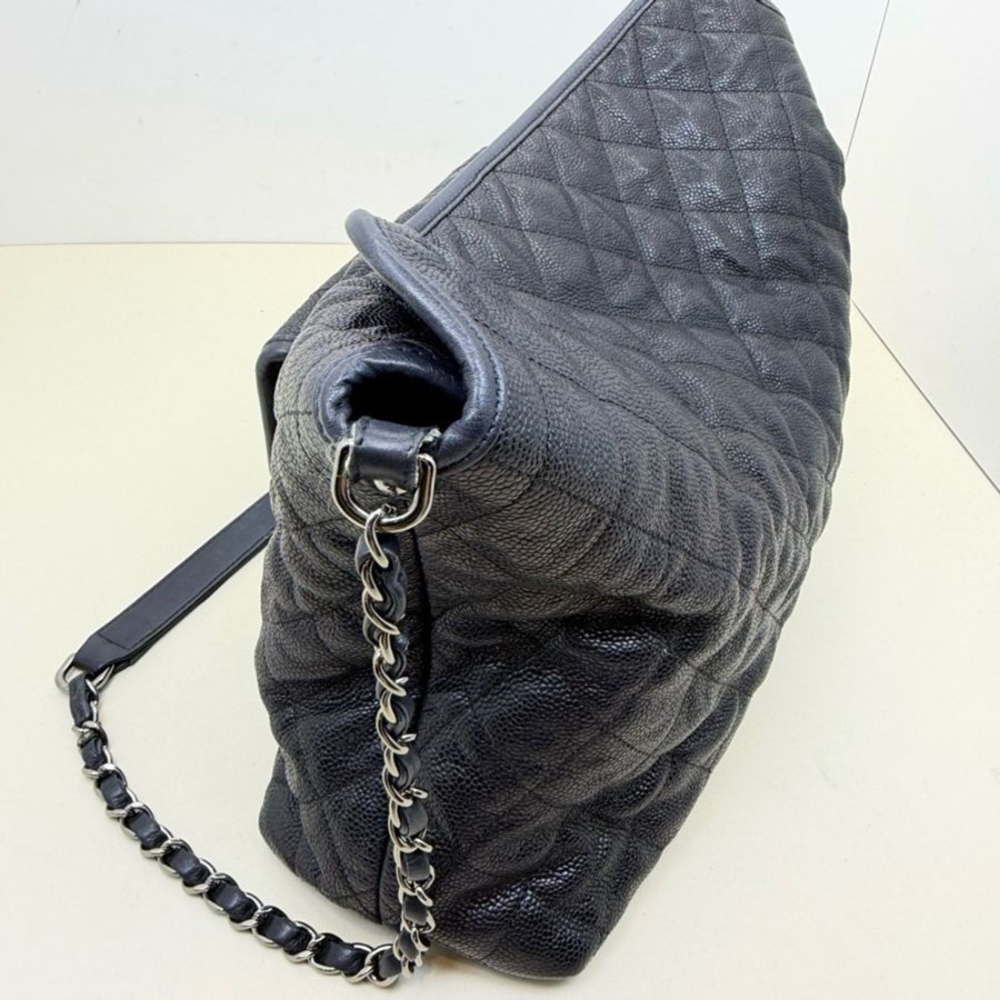 香奈兒/Chanel 黑銀荔枝牛皮hobo嬉皮包 單肩包斜挎包機場包35cm-3