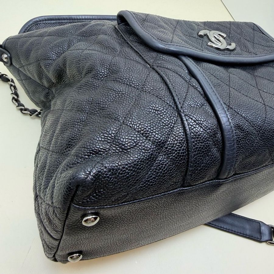香奈兒/Chanel 黑銀荔枝牛皮hobo嬉皮包 單肩包斜挎包機場包35cm-5