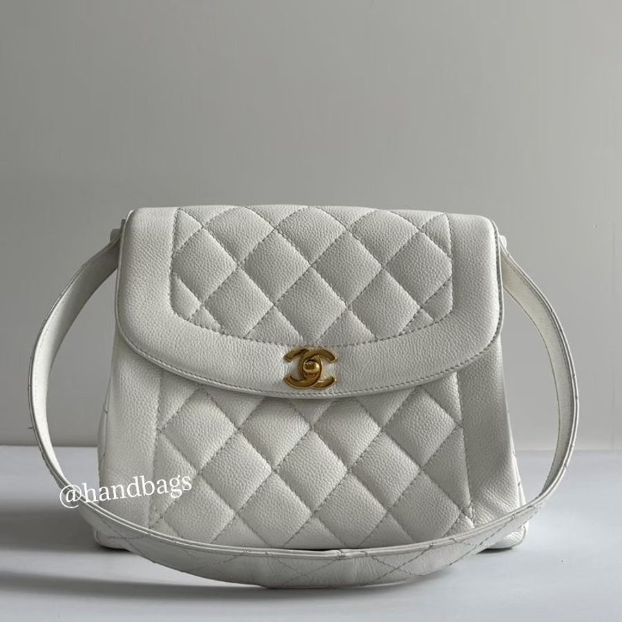 CHANEL VINTAGE 老香 古董 白色 荔枝皮 18K 金釦 復古 肩背包-0