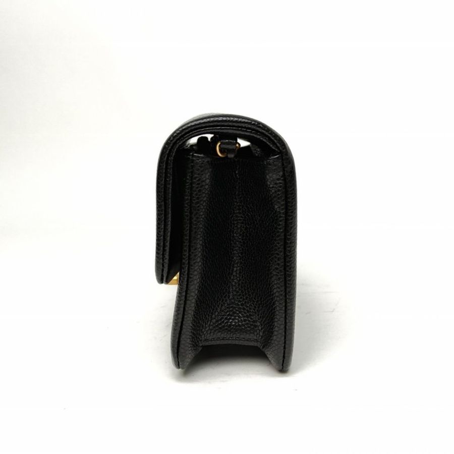 CHANEL 黑色晶片金扣皮穿手柄24K徽章鏈條口蓋包方胖子肩背包-1
