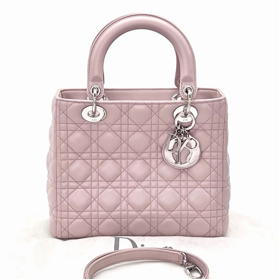 【威選精品】  ✨ DIOR 粉色銀扣羊皮五格黛妃手提肩背斜背包 ✨-0