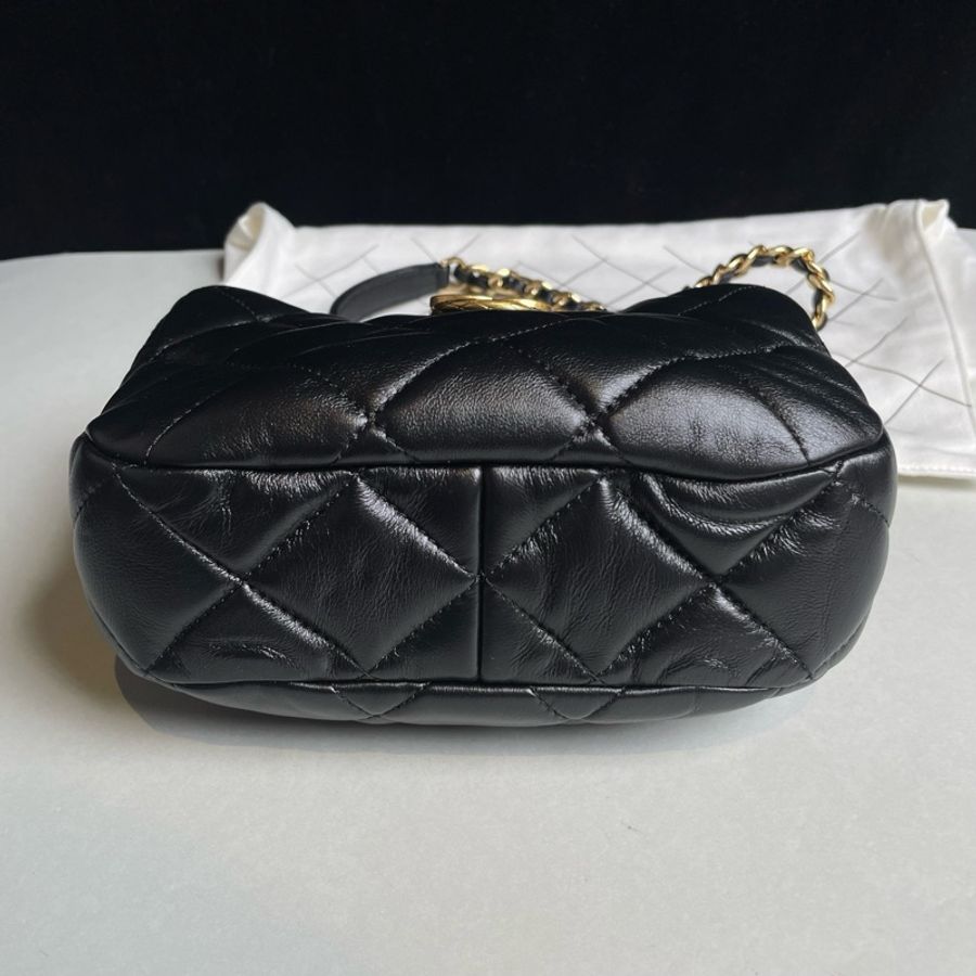Chanel/香奈兒 22B黑金羊皮流浪hobo斜挎包單肩包芯片款-5