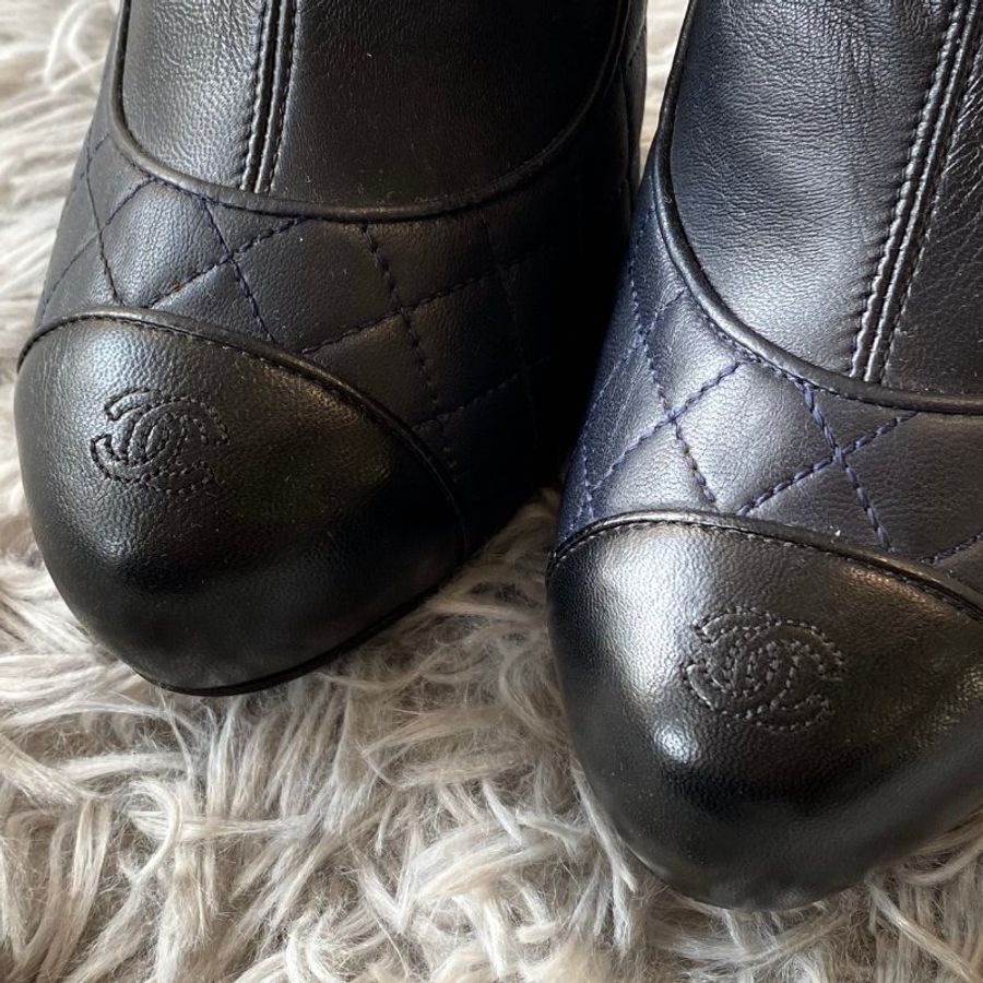 CHANEL 深藍 黑色 小羊皮 菱格紋 12CM 高跟 踝靴 38號-3
