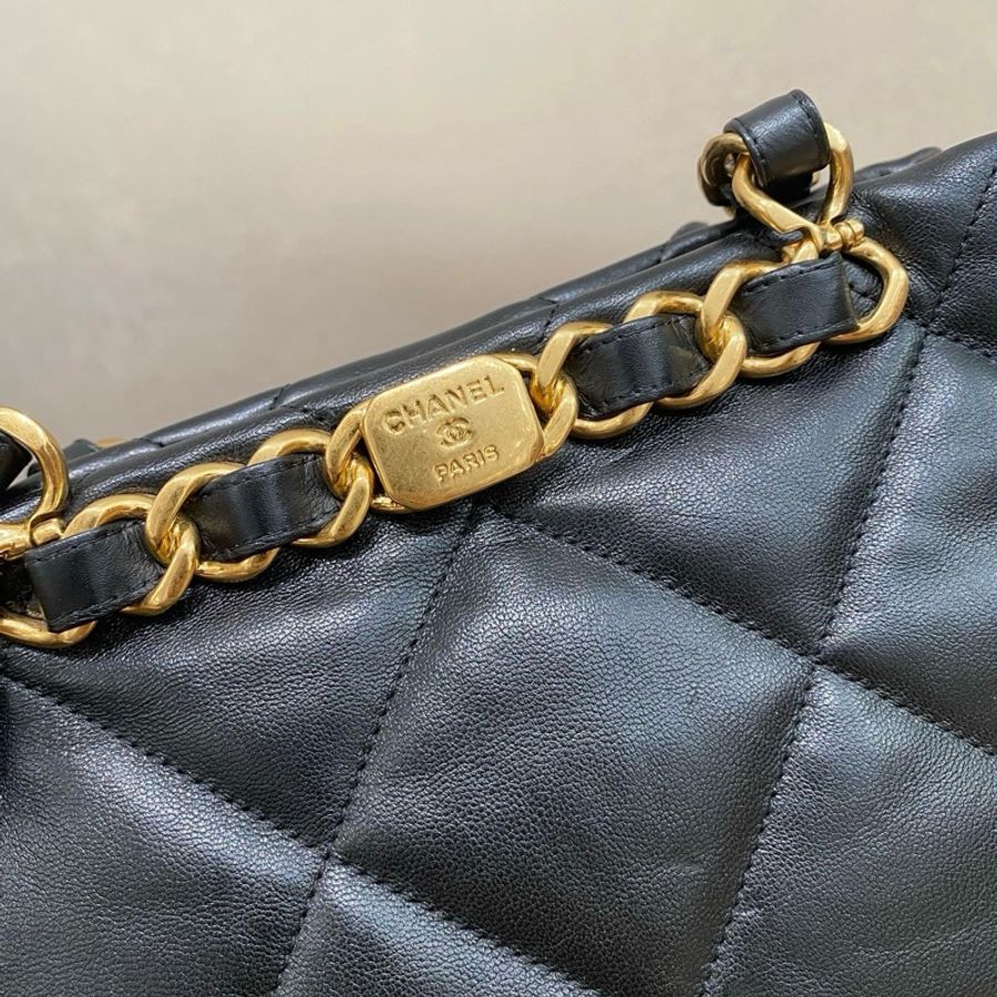 Chanel 香奈兒 22B新款shopping bag黑金菱格紋泡芙小號托特包單肩包小購物袋-5