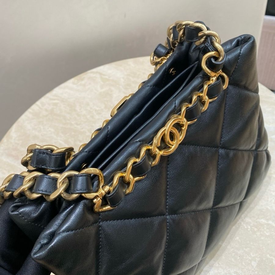 Chanel 香奈兒 22B新款shopping bag黑金菱格紋泡芙小號托特包單肩包小購物袋-8
