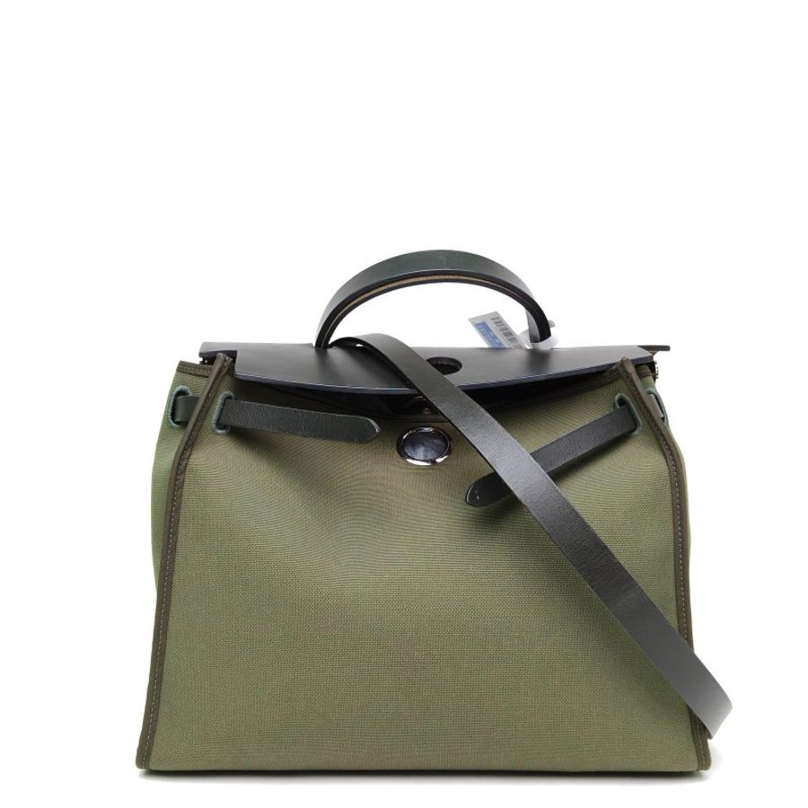 HERMES Herbag31橄欖綠帆布/牛皮A刻銀扣肩背包-0