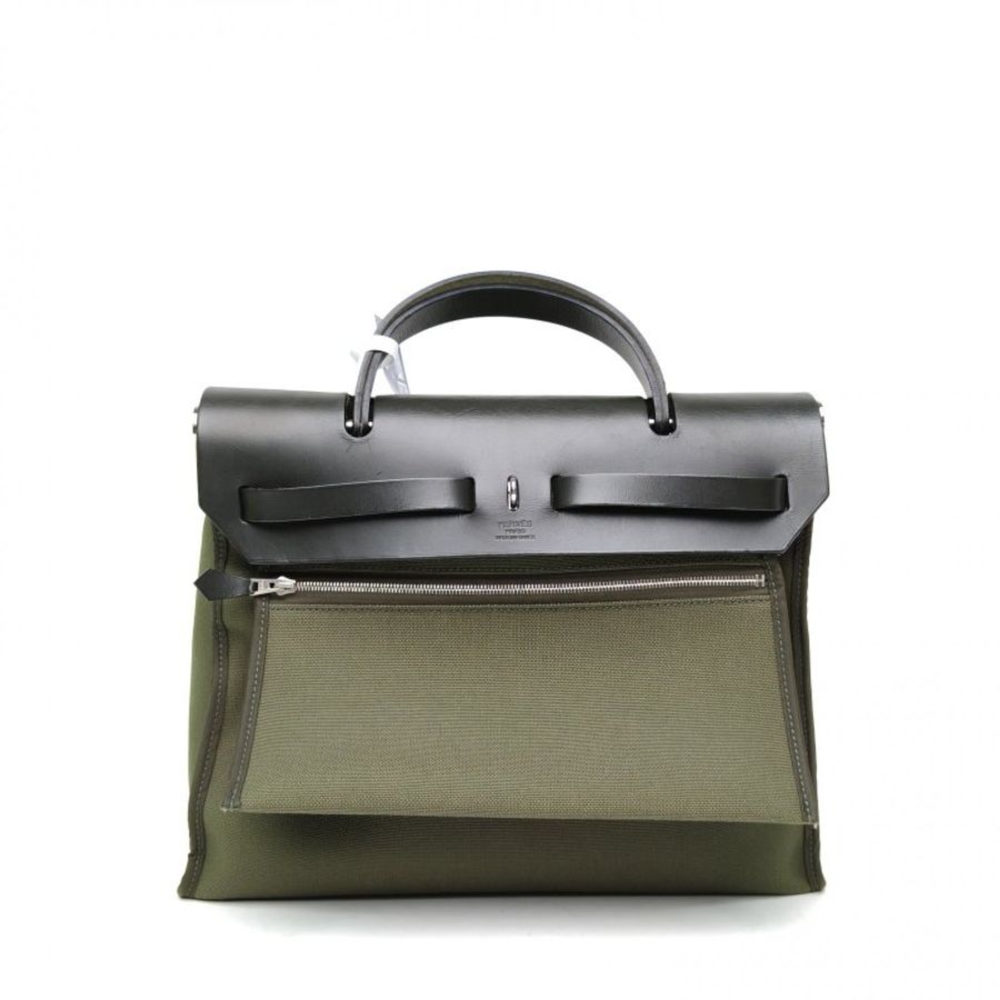 HERMES Herbag31橄欖綠帆布/牛皮A刻銀扣肩背包-2