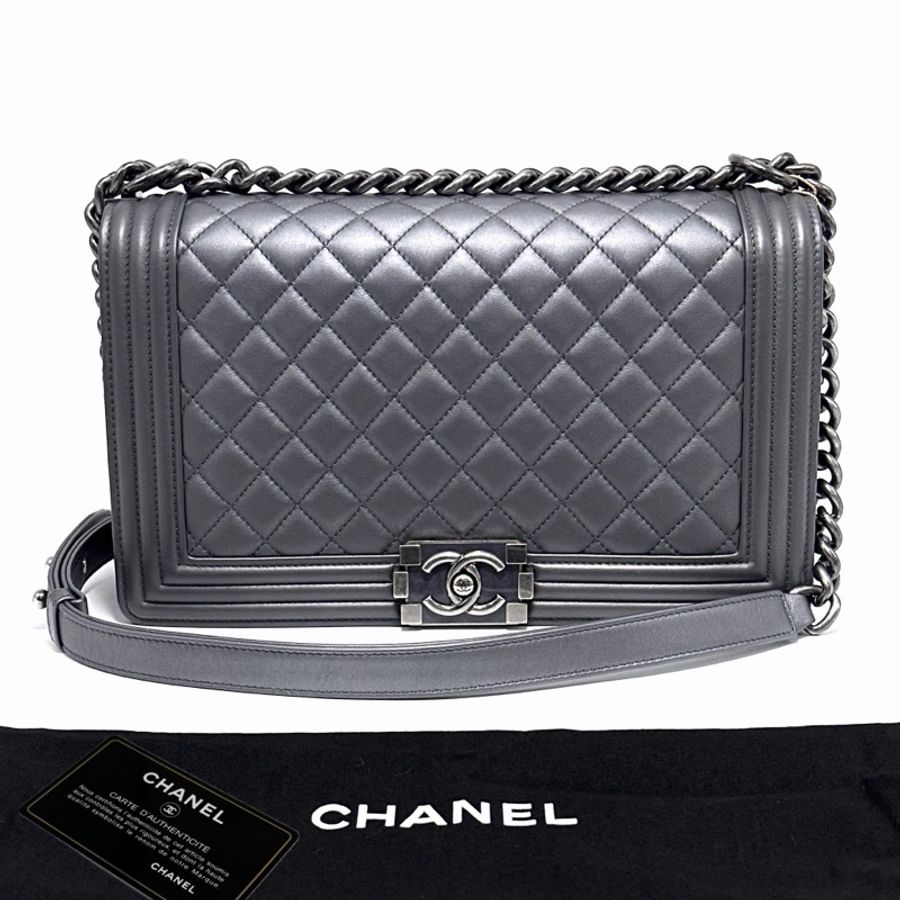 【威選精品】 ✨ CHANEL 灰色銀扣大號 Le Boy 肩背斜背包 ✨-0