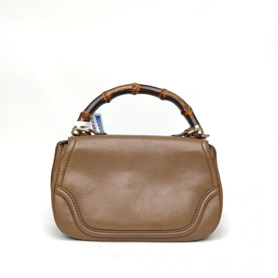 GUCCI 棕色牛皮淺金扣中古竹節流蘇手提斜挎包肩背包-2