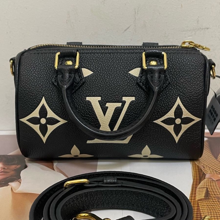 Louis Vuitton路易威登 黑白花speedy nano單肩斜挎手提包  全皮牛皮老花 造尺寸16×10×7.5-0