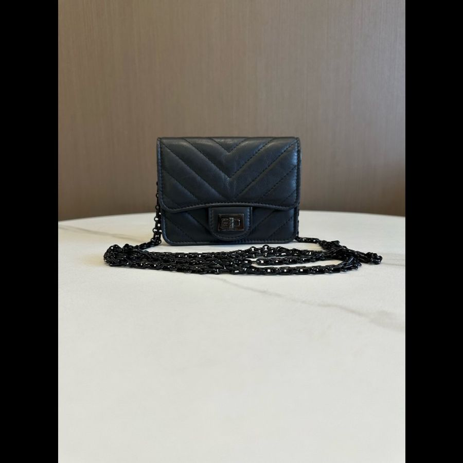Chanel 香奈兒 255 So Black 小廢包 黑色牛皮V紋 鏈條卡包-0