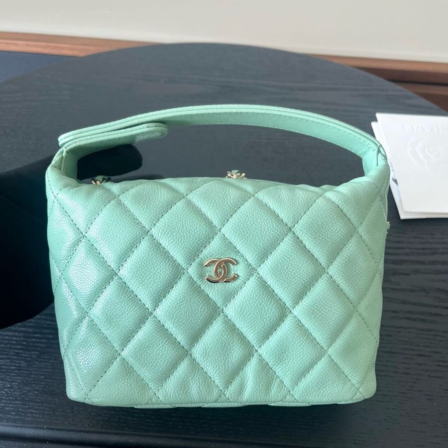 Chanel 香奈兒25C薄荷綠荔枝紋手提小包飯盒包斜挎包單肩包-1
