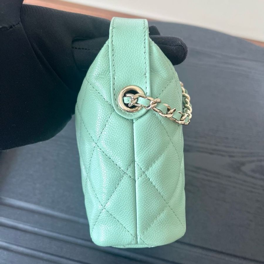 Chanel 香奈兒25C薄荷綠荔枝紋手提小包飯盒包斜挎包單肩包-4