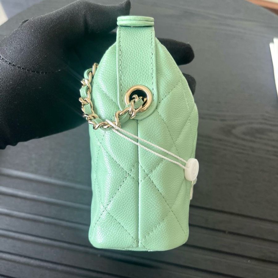 Chanel 香奈兒25C薄荷綠荔枝紋手提小包飯盒包斜挎包單肩包-5