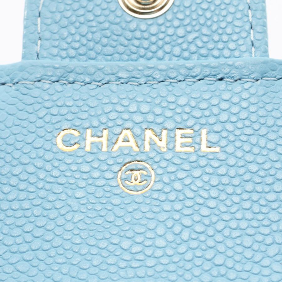 藍色 荔枝紋 牛皮 三折短夾 金釦【CHANEL 香奈兒】 AP0231-4