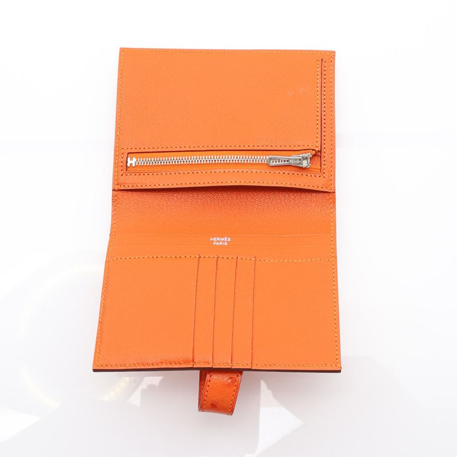 橘色 鴕鳥皮 Bearn Compact 兩折短夾 X刻 銀釦【HERMES 愛馬仕】-2