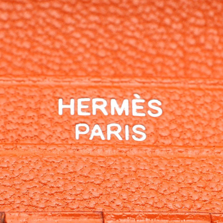 橘色 鴕鳥皮 Bearn Compact 兩折短夾 X刻 銀釦【HERMES 愛馬仕】-4