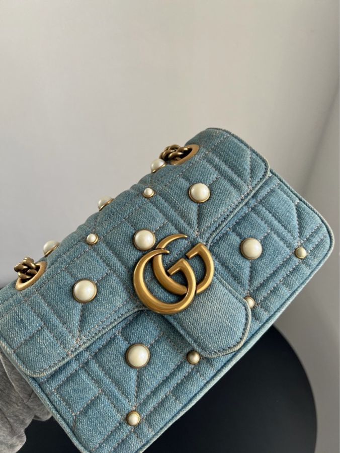 【威選精品】 ✨ Gucci Marmont 22 牛仔珍珠鏈條包 ✨-0